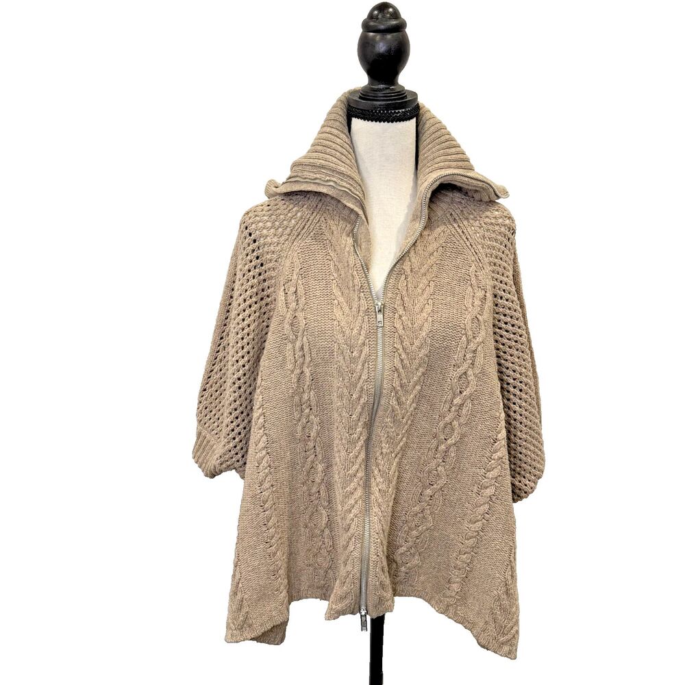 Buffalo David Bitton Cashmere Blend Cable Knit Zip Poncho Sweater Cape S Taupe